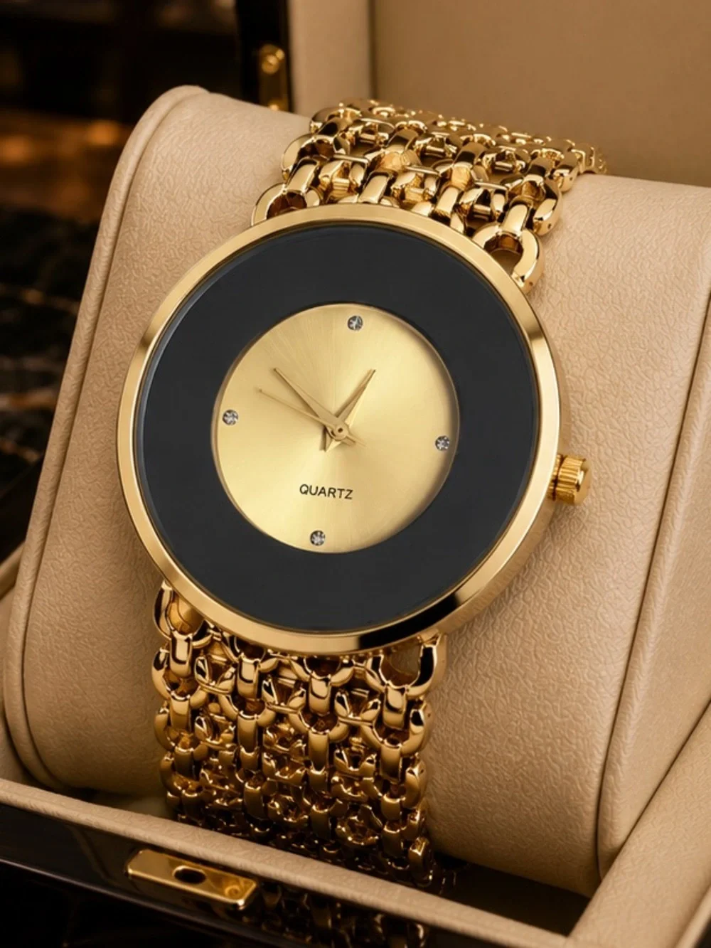 Anthropologie Gold and Black Round Quartz Bracelet Watch